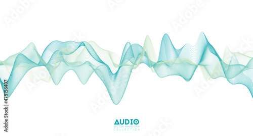 3d audio soundwave. Light green music pulse oscillation. Glowing impulse pattern