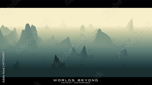 Fototapeta Naklejka Na Ścianę i Meble -  Abstract green landscape with misty fog till horizon over mountain slopes. Gradient eroded terrain surface. Worlds beyond.