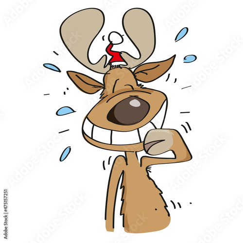 Cartoon of laughing, cheerful reindeer Rudy as xmas character isolated on a white background to be used as seasonal Christmas greeting card. Footage.