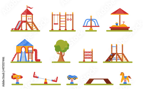 Different equipment for kids playground vector illustrations set. Fun park games for children, sandpit, slide, swing isolated on white background. Outdoor activity, childhood, leisure concept