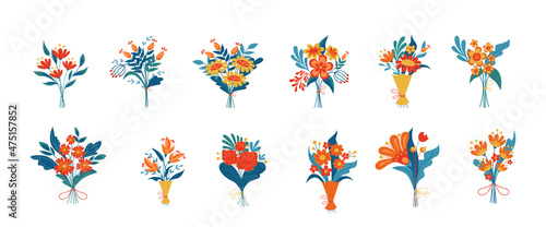 Fotografie, Obraz Colorful bouquets of different flowers vector illustrations set