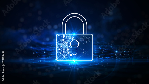 Data protection is a concept in cybersecurity and privacy technologies. There is a large padlock that stands out in the middle. The inside shows the connection of polygons with binary and padlock.
