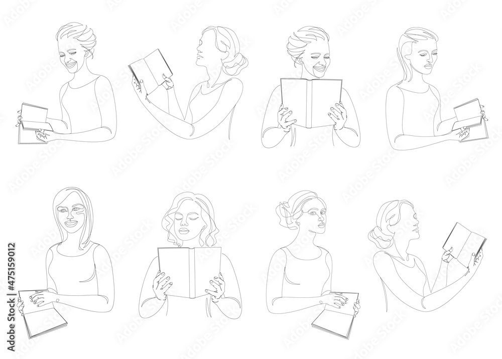 Collection. Silhouette of a lady. The girl is reading a book in a modern one-line style. Solid drawing, home decor sketches, posters, wall art, stickers, logo. Vector illustration set.