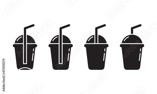 Empty plastic cup with round lid and straw. Silhouette icons set. Black simple vector of clear glass for drinks, smoothie or juice. Contour isolated pictogram on white background