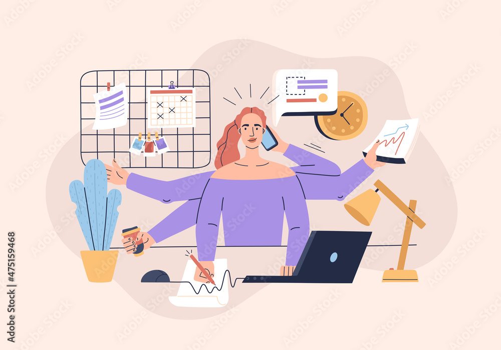 Multitasking girl performs many tasks at the same time. Concept of workplace at home for a freelancer. Hand drawn vector illustration isolated on light background. Modern flat cartoon style. Multitasking girl performs many tasks at the same time. Concept of workplace at home for a freelancer. Hand drawn vector illustration isolated on light background. Modern flat cartoon style.
