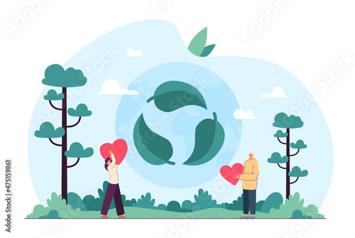 People with hearts fighting against pollution. Reuse, reduce, recycle symbol, green energy, zero waste, save Earth scene flat vector illustration. Recycling, eco friendly lifestyle concept for banner