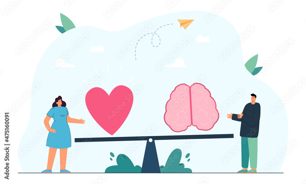 Tiny man and woman with brain and heart on scales or seesaw. Gut ...