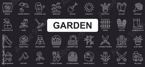Garden concept simple line icons set. Bundle of green sprout, watering can, seedling, shovel, gloves, pot plant, harvest, supply and other. Vector pack outline symbols for website or mobile app design