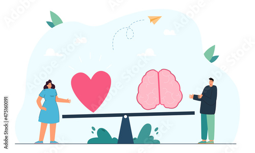 Tiny man and woman with brain and heart on scales or seesaw. Gut feeling or intuition against rational thinking flat vector illustration. Emotions and logic balance concept for banner, website design