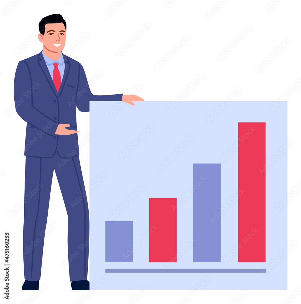Businessman showing chart board. Presentation icon. Sales report symbol