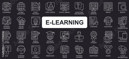 E-learning concept simple line icons set. Bundle of global education, study program, video lesson, digital library, webinar and other. Vector pack outline symbols for website or mobile app design