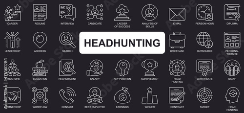 Headhunting concept simple line icons set. Bundle of career, resume, interview, candidate, analysis, leadership, recruitment and other. Vector pack outline symbols for website or mobile app design