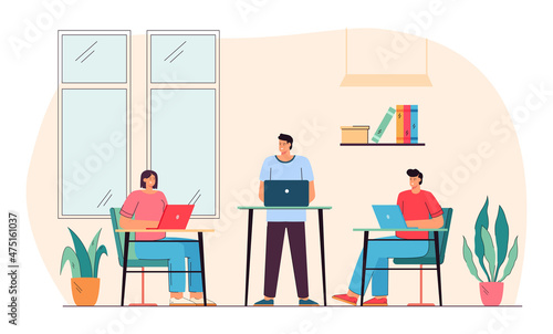 Employees sitting and standing at computer desks in office. Cartoon men and women in ergonomic work space flat vector illustration. Ergonomic workplace or furniture concept for banner or landing page