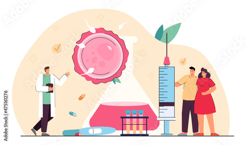 Married couple getting infertility treatment at clinic. Medical professional, female egg cell and sperm flat vector illustration. Pregnancy, fertility concept for banner or landing web page