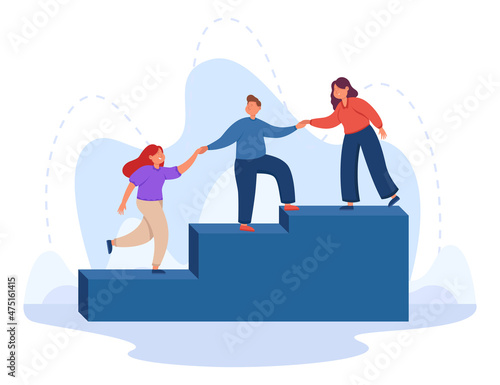 Help and support to climbing employee from mentor or leader hand. Team of corporate people walking up ladder together flat vector illustration. Success career growth, leadership, teamwork concept