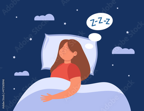 Dream control of calm sleeping woman in bed. Girl lying on pillow under blanket in REM sleep flat vector illustration. Lucid dreaming, wakefulness in sleep, alternative experience and freedom concept