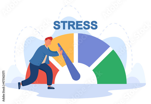 Businessman reducing tension level on stress meter with efforts. Tiny male employee pushing speedometer arrow with hands flat vector illustration. Business crisis, measure of stress, career concept