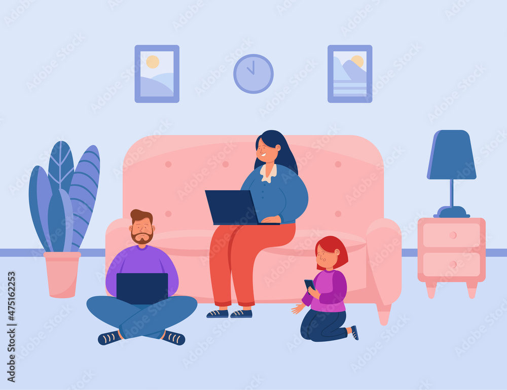 Family using laptops and phone instead of real communication. Addicted people sitting with digital devices on home floor and couch flat vector illustration. Dependence on social media concept