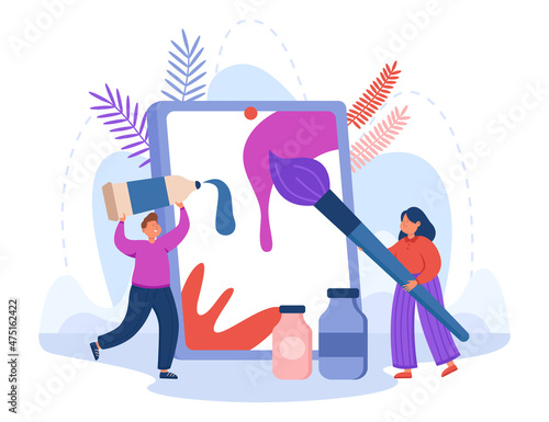 Artists painting abstract picture with paintbrush and oil paint. Work of tiny persons on drawing with digital tools flat vector illustration. Virtual master class, online workshop, creation concept
