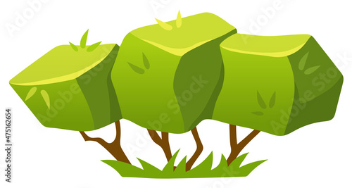 Green hedge, garden bushes. Set vector cartoon shrub, topiary in parks and gardens isolated on white background. Elements for game landscape.