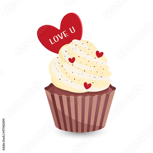 Cupcake with red heart for Valentine's Day design.