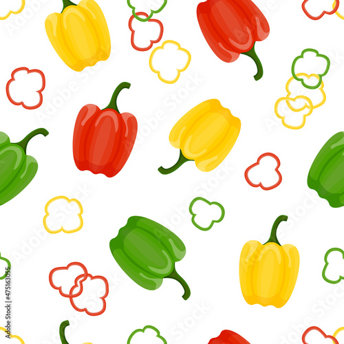 Bell peppers whole and sliced ​​yellow, green, red seamless pattern