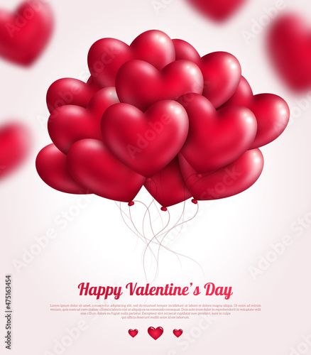 Valentine's day background with red flying bunch of hearts balloons. Vector illustration. Festive background for Mothers day or Womans Day.