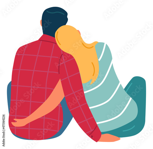 Couple back view. Sitting man and woman hugging