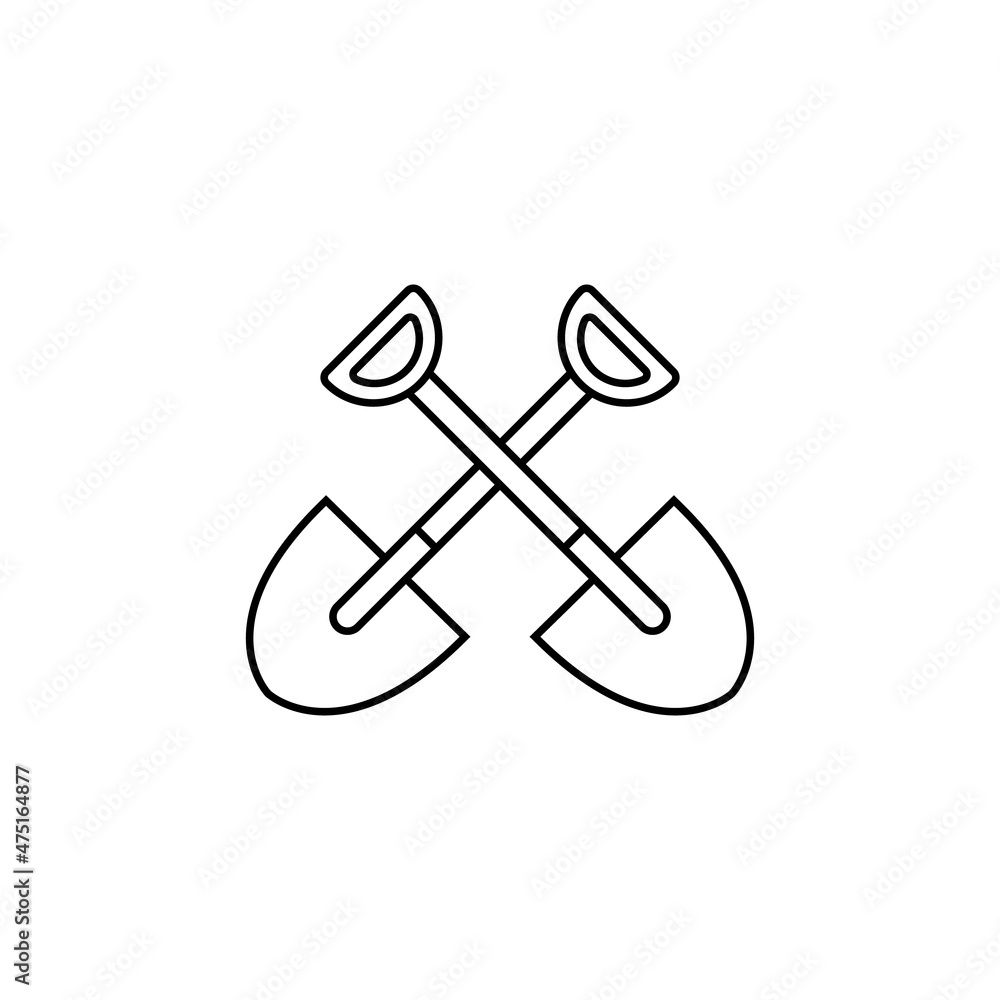 Two crossed spades icon and logo. Simple slanted vector symbol in line style. Isolated on white background. Two crossed spades icon and logo. Simple slanted vector symbol in line style. Isolated on white background.