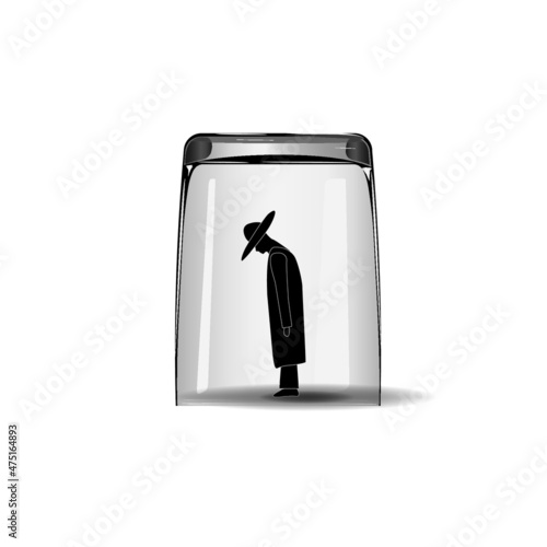 man inside a glass beaker. alcoholism concept.
