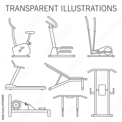 Fitness and gym equipment, exercise machine. Set of vector illustration. Exercise bike, weight and workout bench, elliptical trainer, wall horizontal bar, treadmill, stepper, rowing machine.  