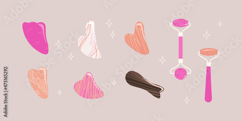 Set of various gua sha scrapers in different colors and shapes. Natural stone for face massage. Self-massage tools. Vector isolated flat objects for design.