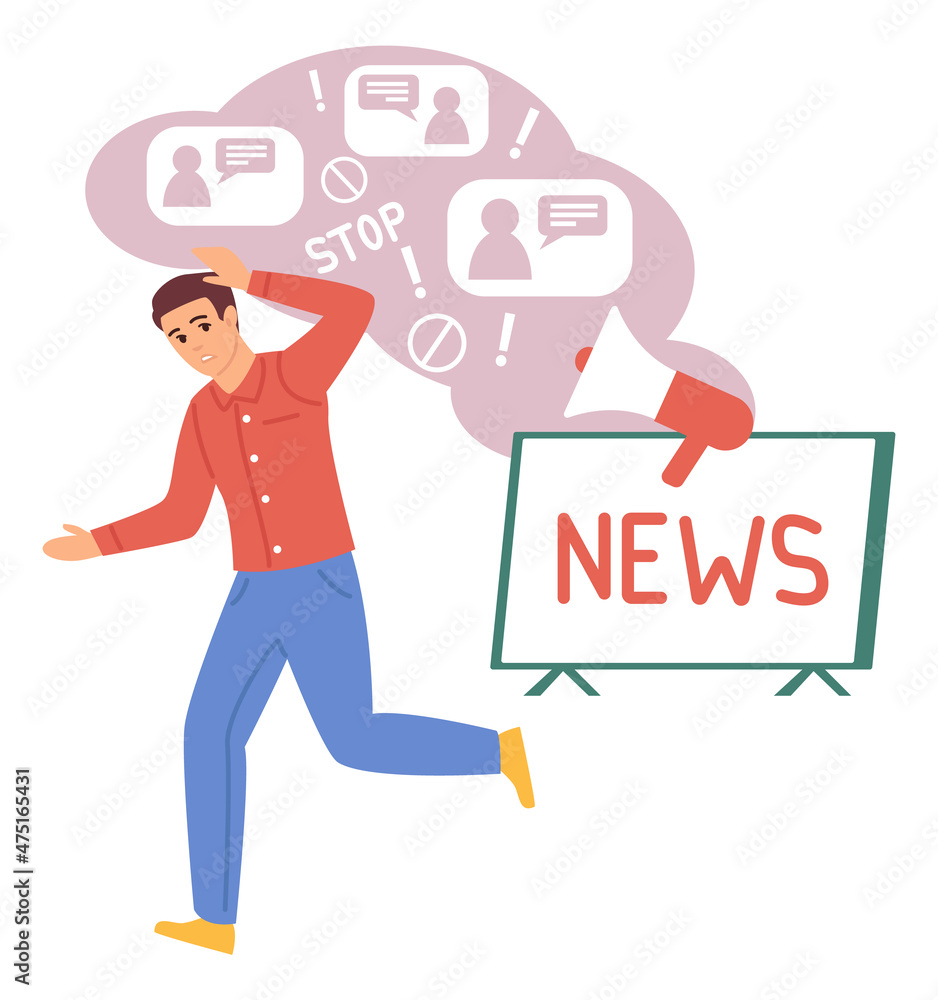 Man running from news stream. Information pressure concept Man running from news stream. Information pressure concept