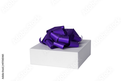 white gift box with purple ribbon bow isolated. present for Christmas, new year