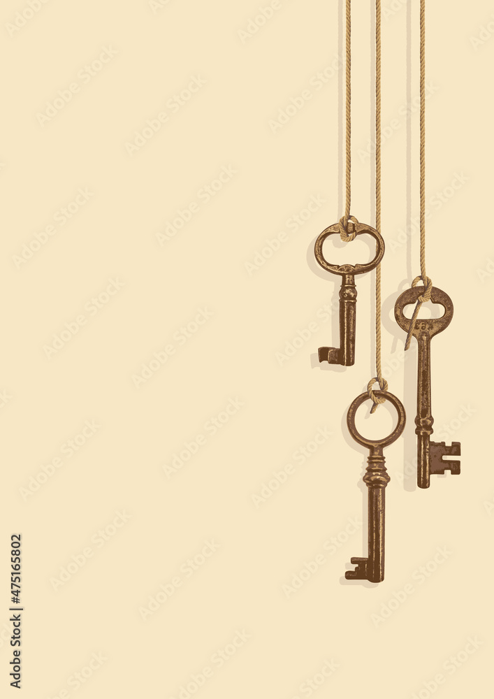 Vector background with beautiful old keys and a place for text on an old paper background. Vintage illustration decorated with three realistic golden antique keys hanging on strings. Vector background with beautiful old keys and a place for text on an old paper background. Vintage illustration decorated with three realistic golden antique keys hanging on strings.