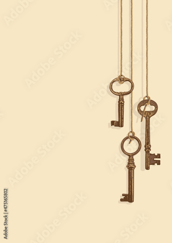 Vector background with beautiful old keys and a place for text on an old paper background. Vintage illustration decorated with three realistic golden antique keys hanging on strings. © paseven