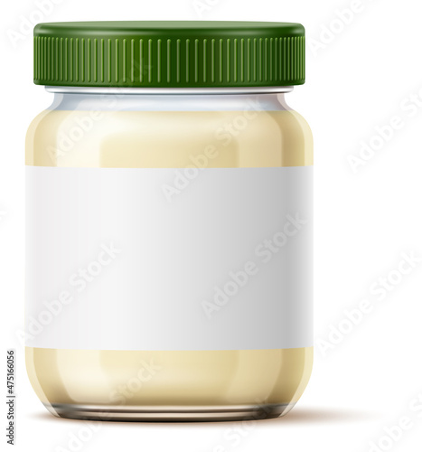 Mayonnaise jar mockup. Realistic sauce in glass with blank label