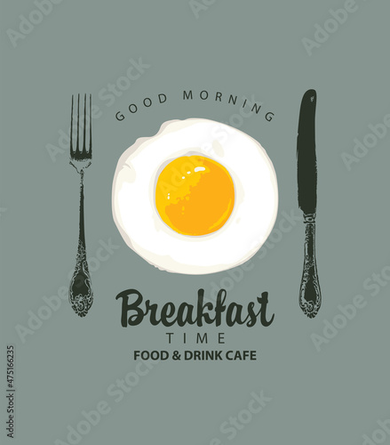 Vector banner on the theme of Breakfast time with appetizing scrambled eggs, old beautiful fork and knife on a grey background in retro style. Morning food and drink menu for cafe or restaurant