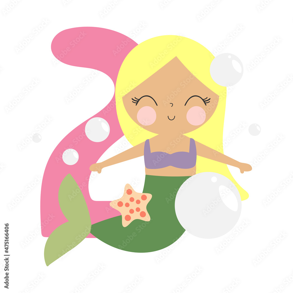 Mermaid Party Invitation Card Template, Birthday Party in Mermaid Style Celebration, Greeting Card. Kids illustration with cute mermaid and number two. Illustration in cartoon style. Vector.