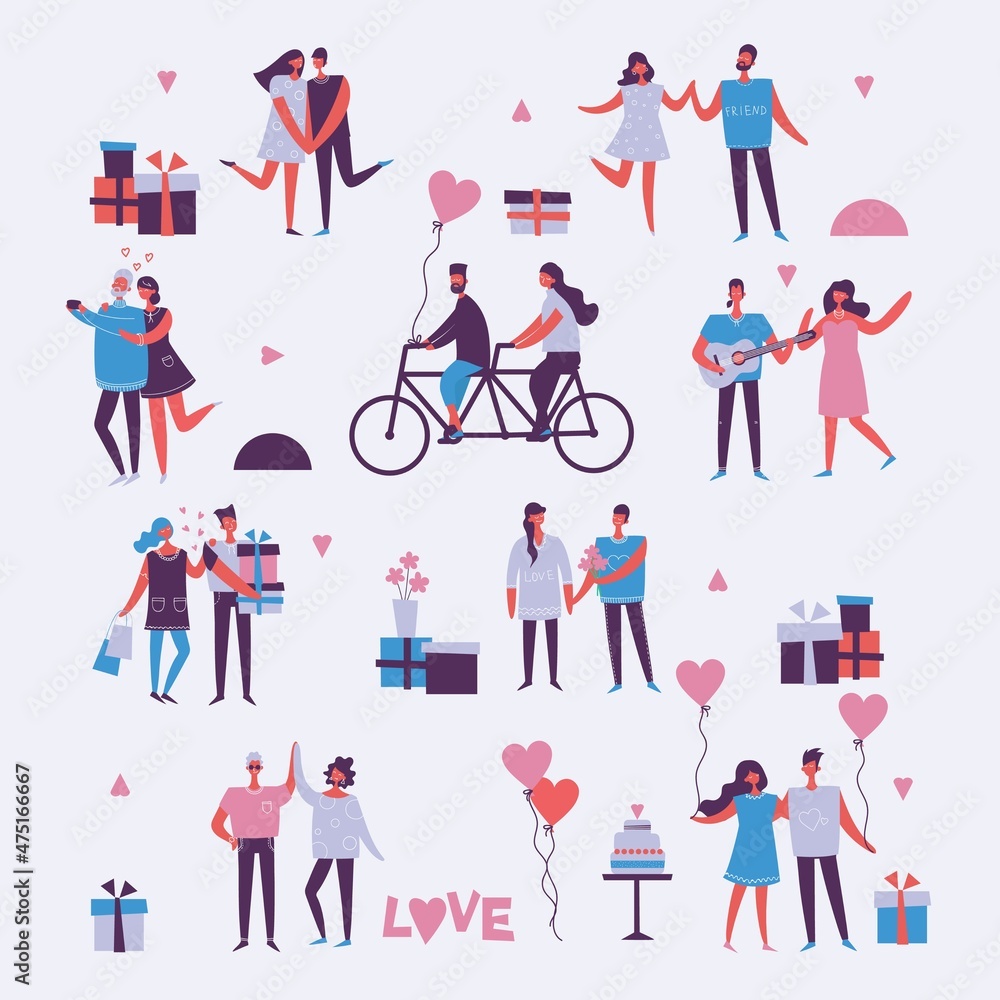 Illustration with happy cartoon couples of people. Happy friends, parents, lovers on date, hugging, dancing, couples with kids. Vector illustration isolated Illustration with happy cartoon couples of people. Happy friends, parents, lovers on date, hugging, dancing, couples with kids. Vector illustration isolated