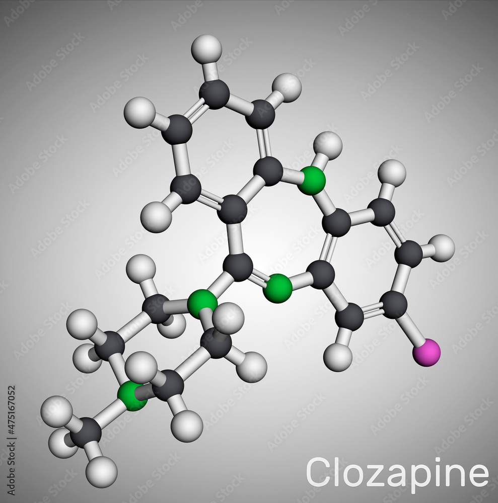 Clozapine molecule. It is dibenzodiazepine, atypical antipsychotic, neuroleptic. Used in treatment resistant schizophrenia. Molecular model. 3D rendering Clozapine molecule. It is dibenzodiazepine, atypical antipsychotic, neuroleptic. Used in treatment resistant schizophrenia. Molecular model. 3D rendering