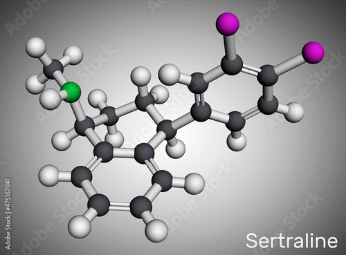 Sertraline molecule. It is antidepressant, used to treat depressive disorder, social anxiety disorder, other psychiatric conditions.. Molecular model. 3D rendering photo