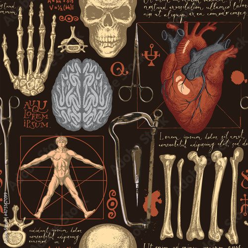 Seamless pattern with hand-drawn human skull, bones, organs, surgical instruments and handwritten text lorem ipsum on a black. Vintage vector background with colored sketches on a medical theme
