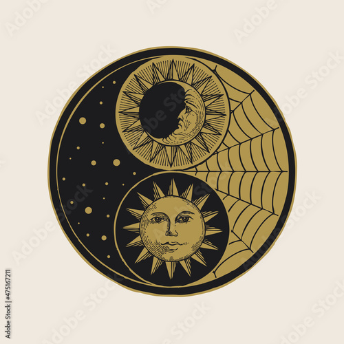 Vector yin yang symbol with sun, moon, stars and cobweb in black and bronze colors. Hand-drawn stylized moon and sun with human face, day and night. The sign of harmony, balance, feng shui, zen, yoga