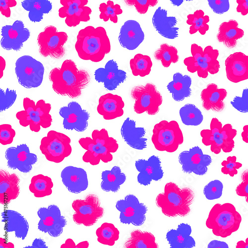 Baby doll ditsy seamless pattern on white background. Pink, violet floral repeat print. Cute botanical very peri design for textile, fabric, wallpaper and decoration.