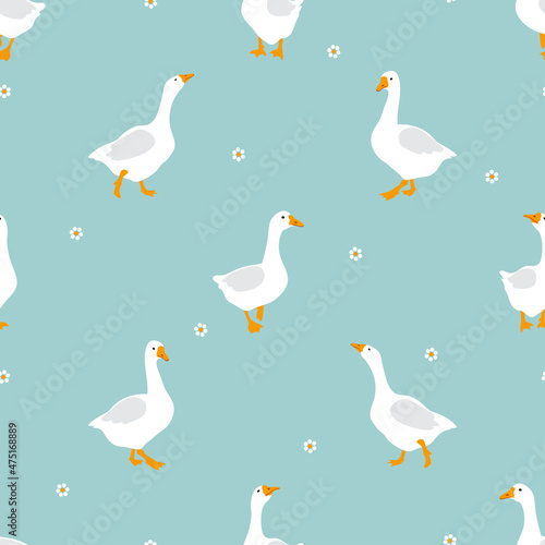 Seamless cute geese pattern. Cartoon goose simple print. Vector illustration.