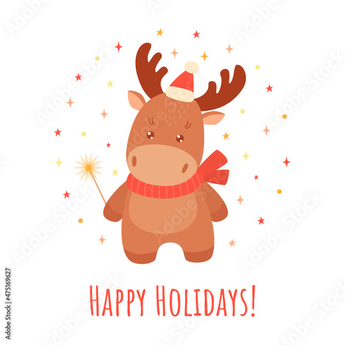 Cute little moose with a sparkler in cartoon style. Christmas animal character for greeting card, poster, invitation. Vector illustration isolated on a white background 
