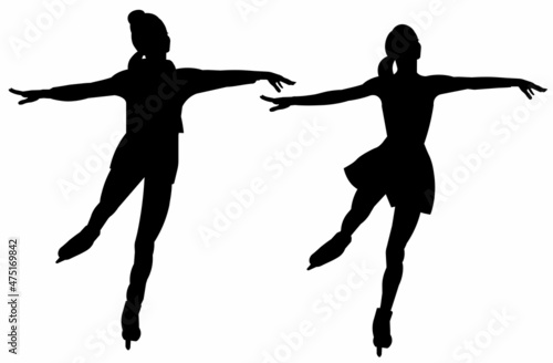 Two isolated vector silhouettes of a figure skater girl standing on skates in a beautiful pose