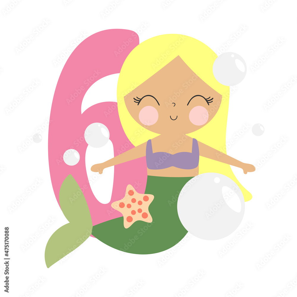 Mermaid Party Invitation Card Template, Birthday Party in Mermaid Style Celebration, Greeting Card. Kids illustration with cute mermaid and number six. Illustration in cartoon style. Vector. Mermaid Party Invitation Card Template, Birthday Party in Mermaid Style Celebration, Greeting Card. Kids illustration with cute mermaid and number six. Illustration in cartoon style. Vector.