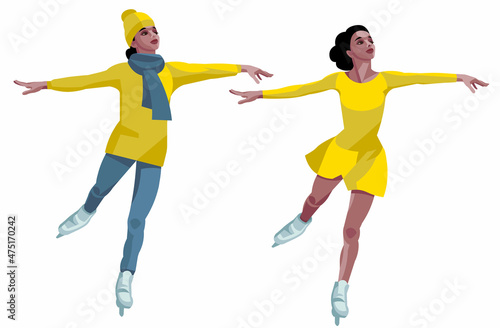 A dark-skinned figure skater girl is skating on a skating rink in a winter jacket and a dress for a performance